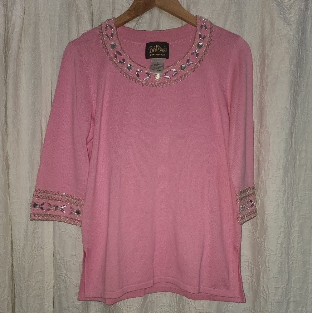 Bob Mackie Wearable Art Women's Pink Shirt Beaded Top and Sleave Cuffs Size s